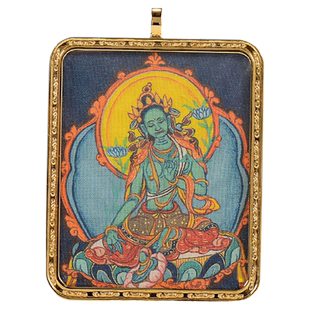 闯隆 手绘唐卡绿度母唐卡嘎乌盒吊坠 十二生肖本命像卡牌项链挂坠