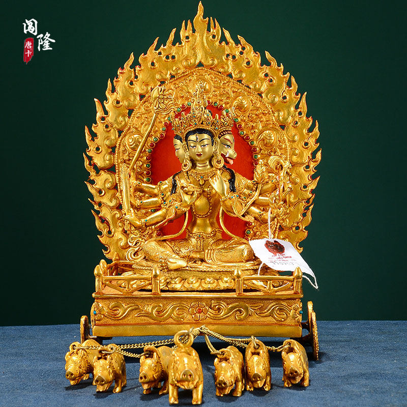 闯隆魔力支天铜像尼泊尔手工铜鎏金雕花骑猪菩萨雕像客厅铜器摆件