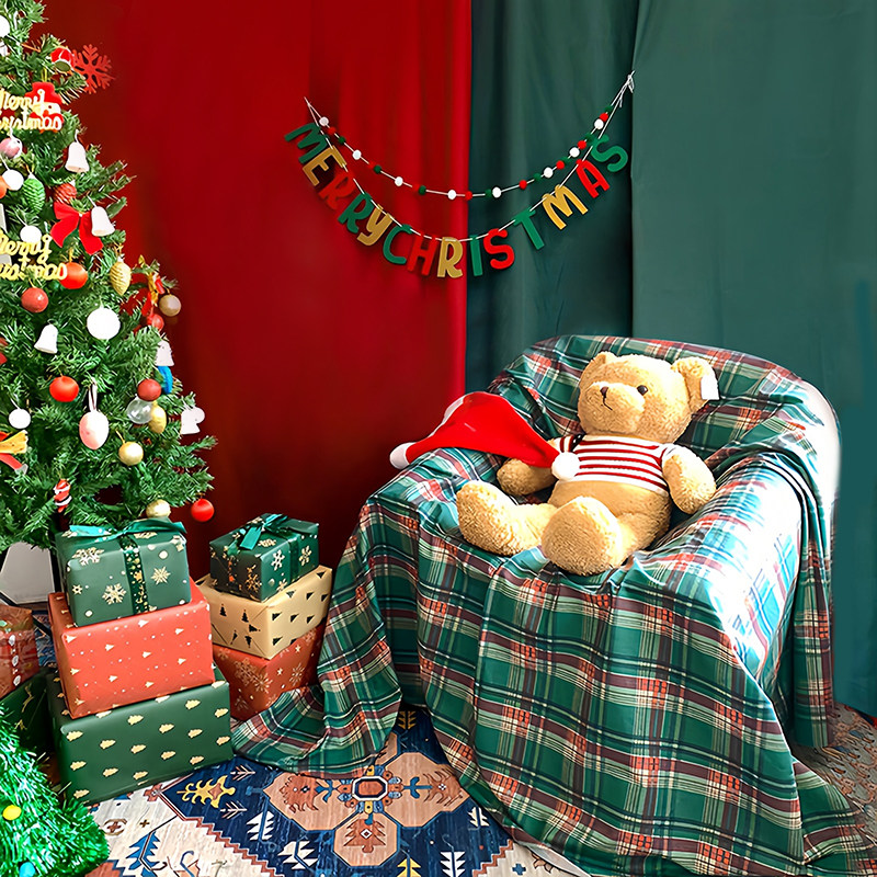 锐富图复古圣诞拍照背景布格子布拍摄道具墨绿红色ins网红直播儿童