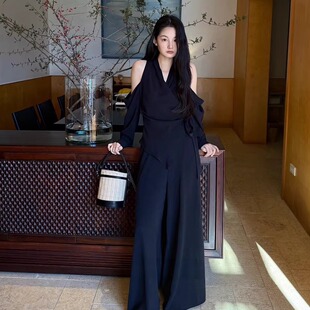 3122 风禾WindHe简约露肩设计感系带收腰小衫 纯色气质阔腿套装