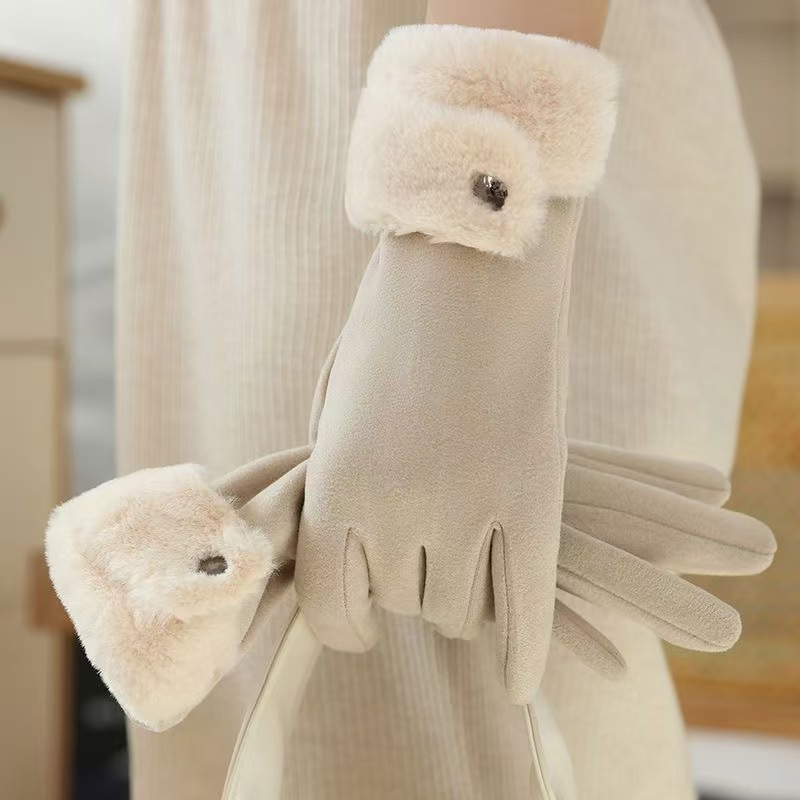 德绒女士保暖手套柔软有弹力触屏