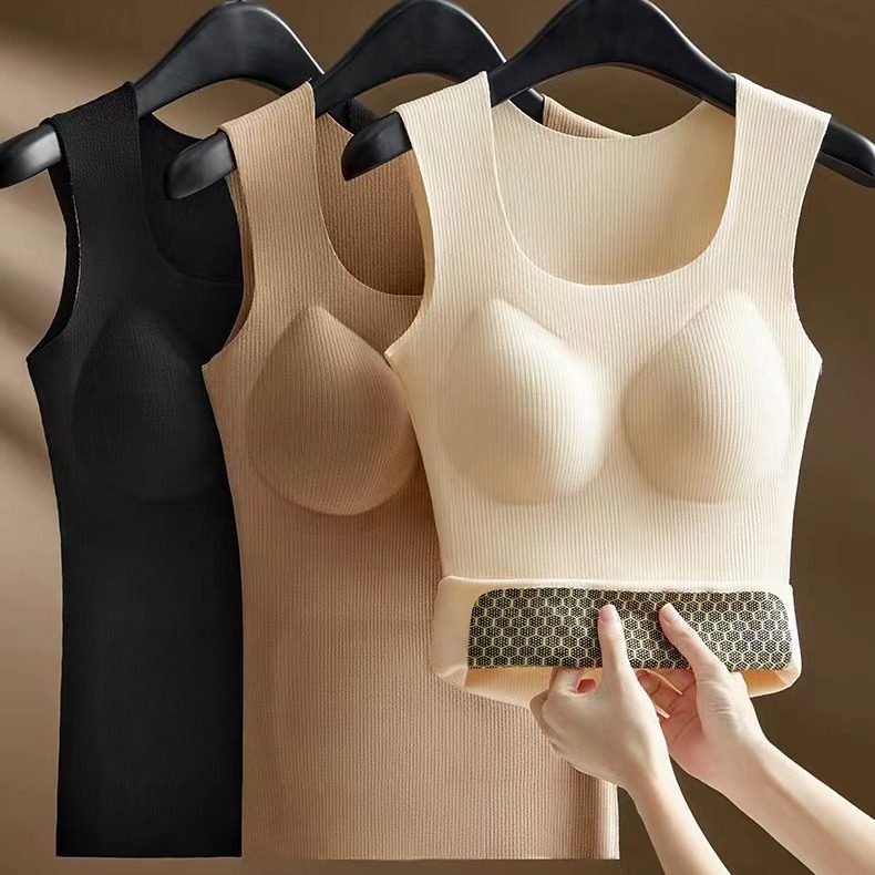 2024新款羊绒保暖背心女士带胸垫一体加绒加厚德绒发热内衣秋冬季