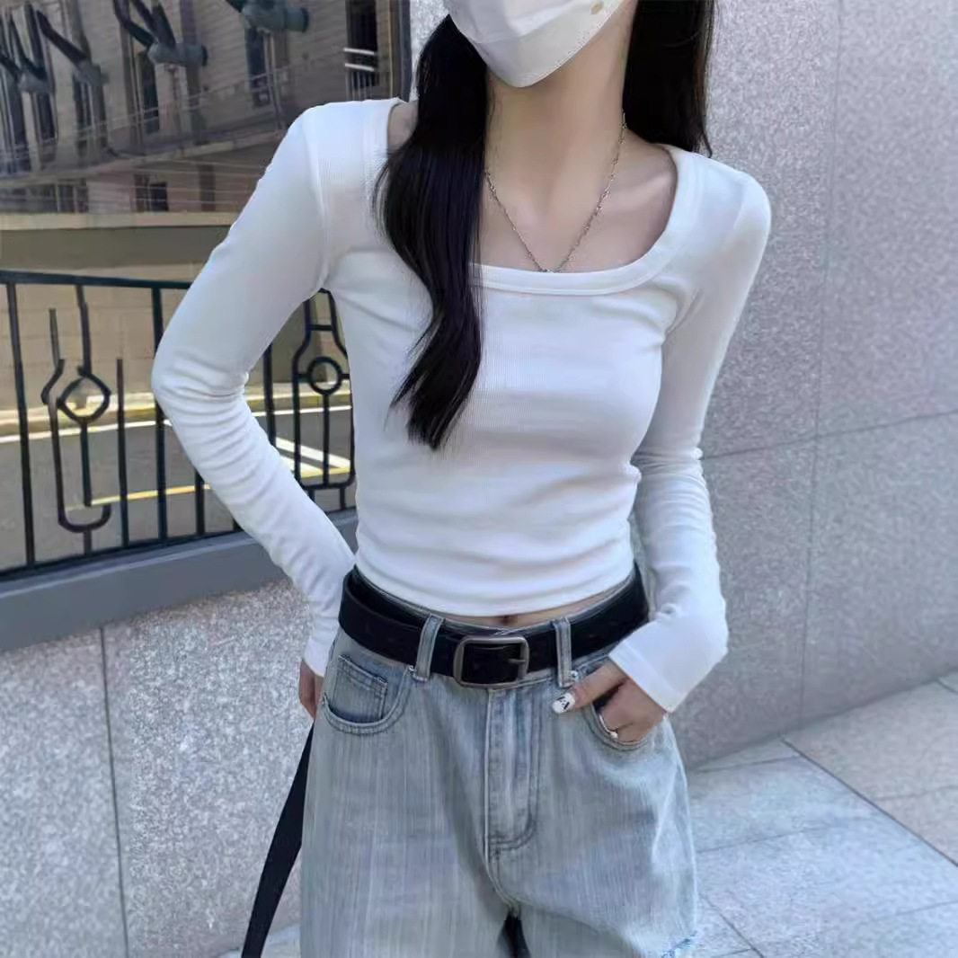 正肩方领T恤女白色内搭打底衫春秋夏季紧身辣妹纯欲ins长袖短上衣