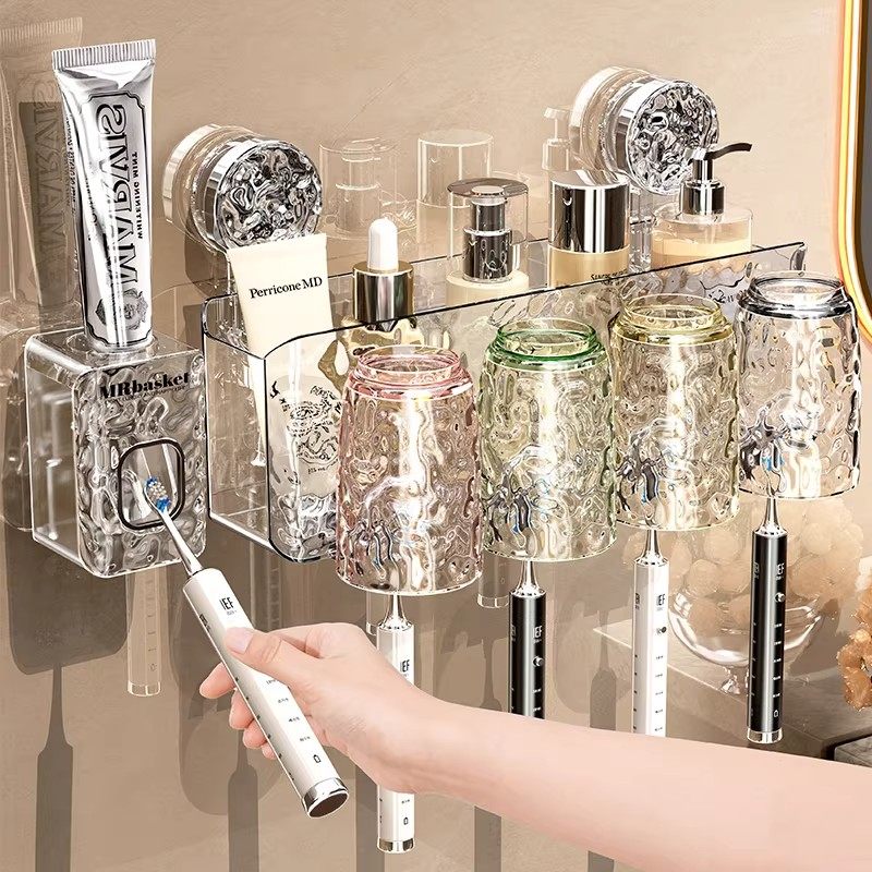 吸盘牙刷置物架免打孔漱口杯刷牙杯卫生间壁挂式家庭电动牙膏架子