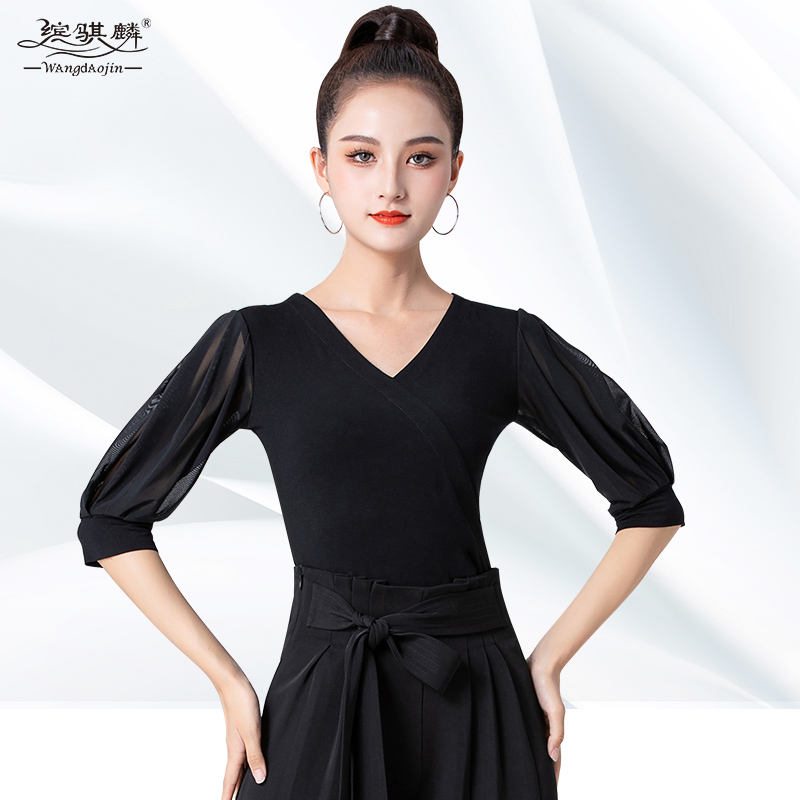拉丁舞上衣女成人跳舞交谊舞泡泡袖网纱国标舞摩登舞服舞蹈练功服