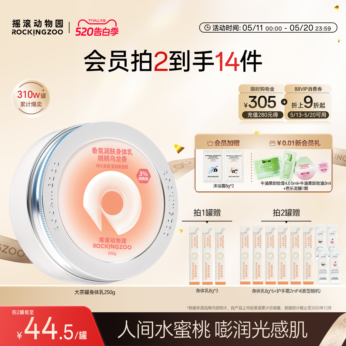摇滚动物园身体乳保湿滋润蜜桃清爽补水持久留香烟酰胺润肤不粘腻
