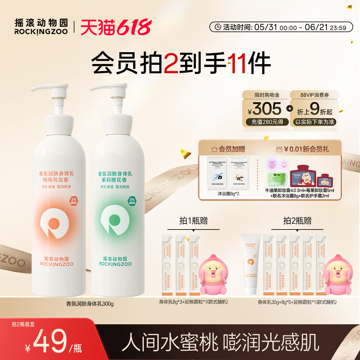摇滚动物园桃桃乌龙身体乳润肤烟酰胺保湿滋润补水留香清爽不粘腻