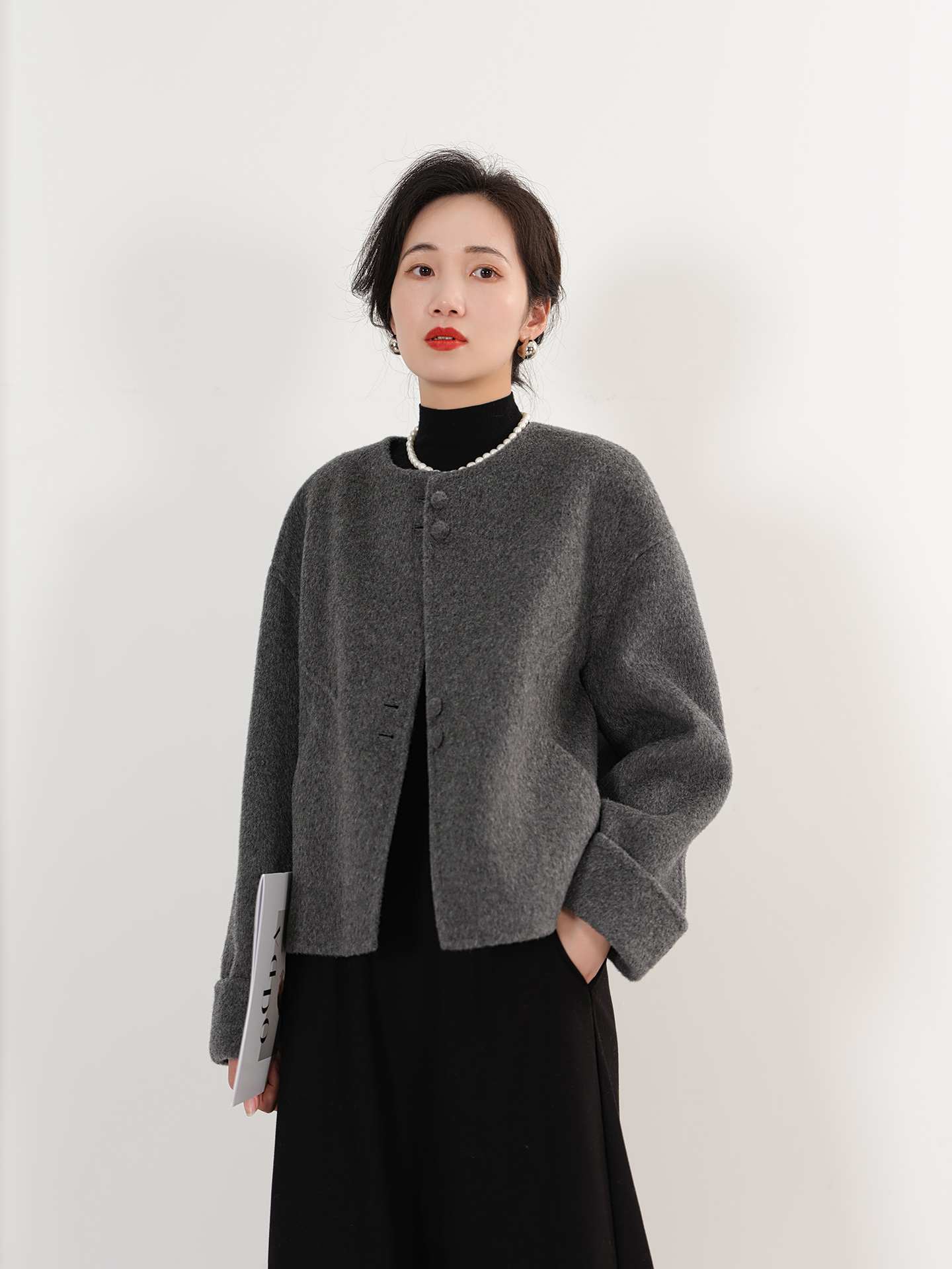 EKNR100%羊毛双面羊毛大衣短款小香风宽松落肩袖双面呢短外套女