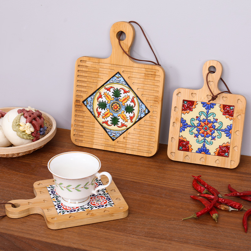 隔热垫复古实木花砖把手锅垫木质防烫盘杯垫家用砂锅汤锅隔热木垫