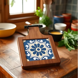 隔热垫复古实木花砖把手锅垫木质防烫盘杯垫家用砂锅汤锅隔热木垫
