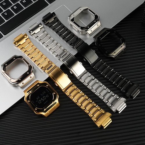 套装适用卡西欧小方块DW5600 GW-B5600金属改装表壳精钢表带配件