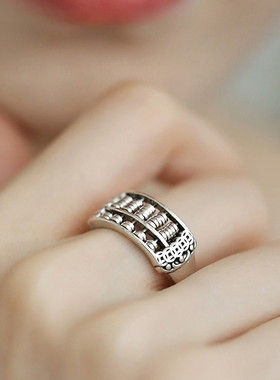 925纯银算盘钱币戒指女2025年可调节指环文艺小众设计感百搭饰品