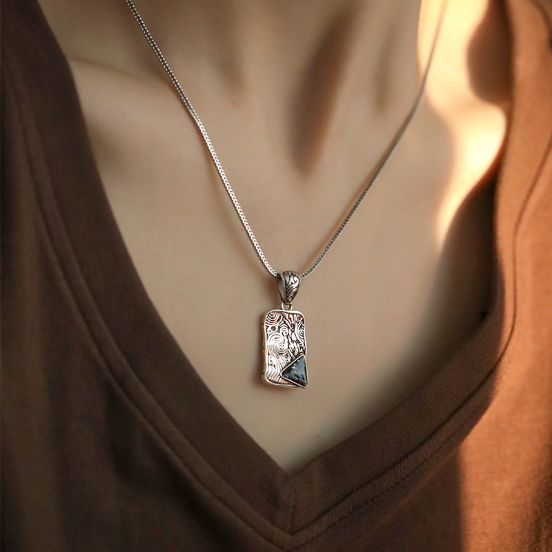 925银吊坠彩贝新中式国风方牌做旧项链女复古民族风个性轻奢首饰