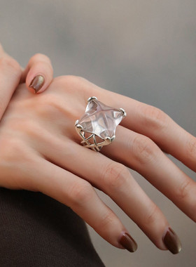 925银白水晶四角星戒指女简约时尚小清新2025年百搭指环饰品