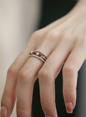 925纯银复古南红玛瑙圆珠银珠可移动三层戒指活口可调节指环饰品