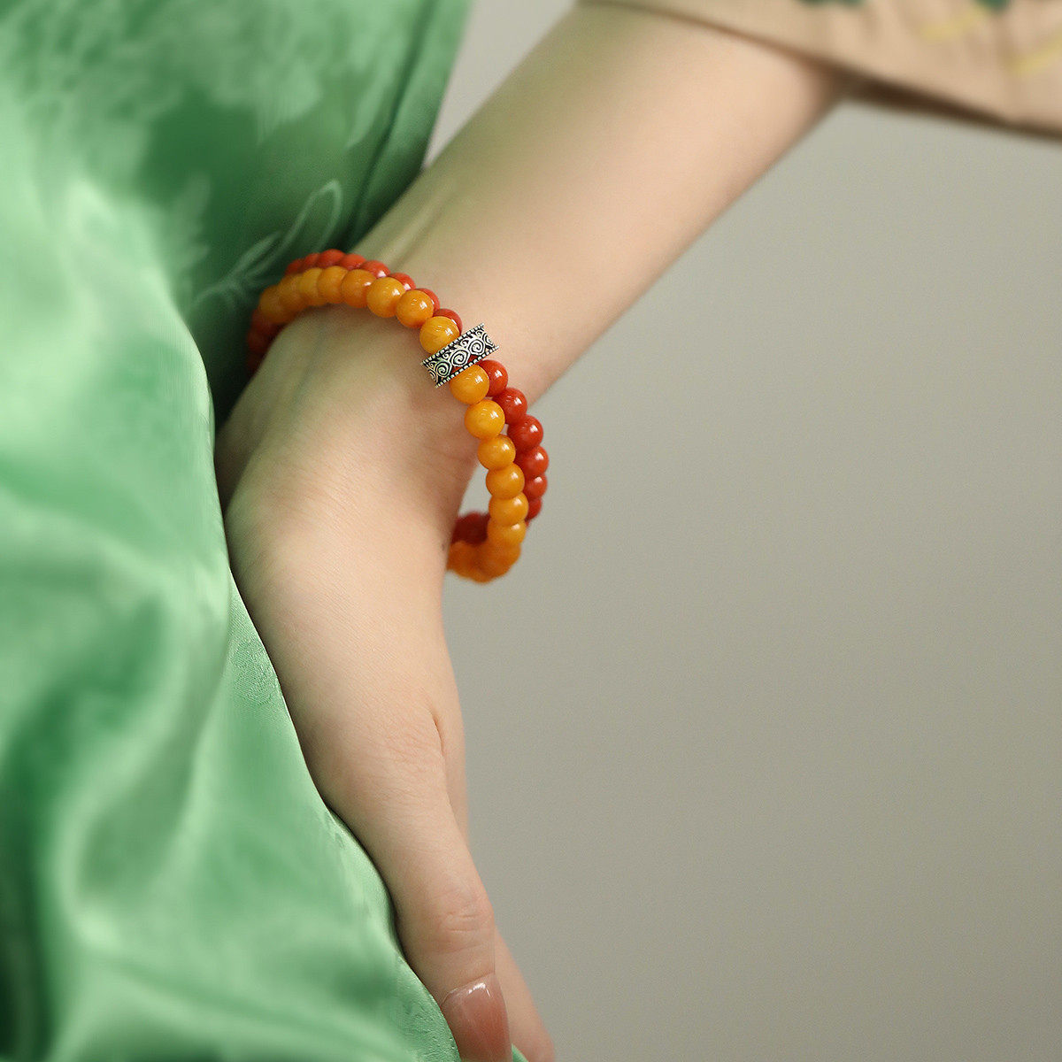 925纯银南红玛瑙琥珀蜜蜡珠珠手链国风新中式设计感双层手串首饰