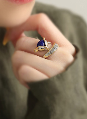 925银青金石狐狸开口戒指女2025年小众国风新中式可调节指环饰品