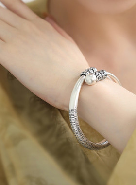 足银回纹民族风手镯足银手镯女新中式银镯子999实心镯子手环