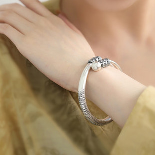 足银回纹民族风手镯足银手镯女新中式银镯子999实心镯子手环