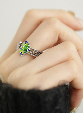 925银复古新中式国风景泰蓝莲花戒指女轻奢小众设计食指戒高级感