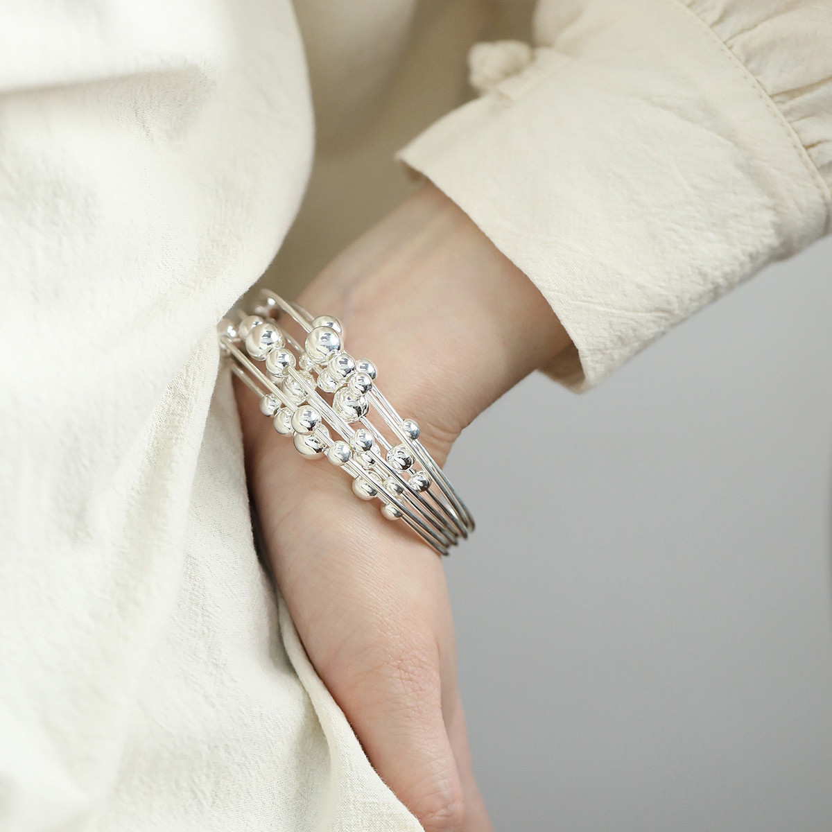 925银复古多层开口手镯女2025年小众设计感百搭实心宽面镯子