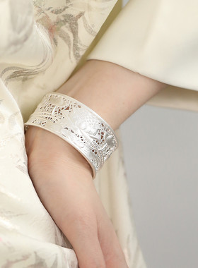 999足银莲花民族风手镯足银手镯女高级感银镯子实心镯子手环