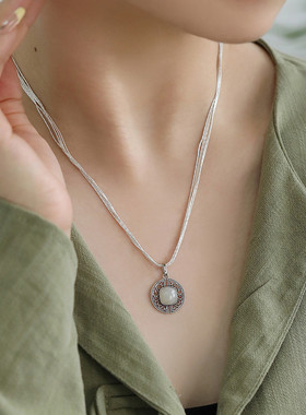 925银和田玉镂空方形吊坠项链女国风新中式轻奢小众锁骨链饰品