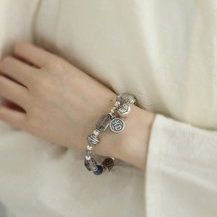 足银发晶蓝晶石手链女复古做旧简约百搭国风新中式 设计感手串饰品