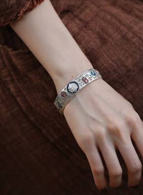 足银999复古珐琅黄财神吉言复古风手镯女小众印花民族风实心镯子