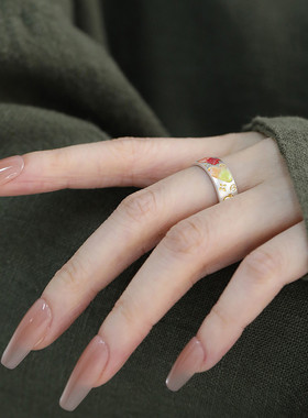 999足银吉言国潮风珐琅戒指女小众设计新中式指环食指高级感尾戒