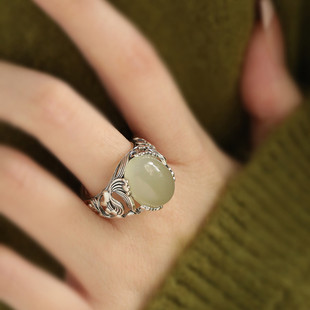 925银和田玉珐琅祥云戒指女2025年可调节指环文艺复古新中式饰品