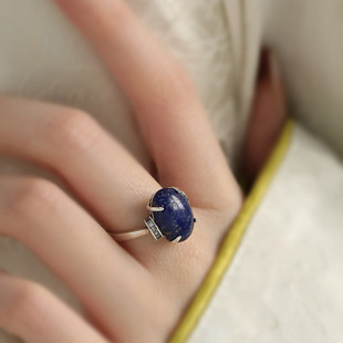 925银蛋面青金石戒指女2025年可调节指环国风新中式百搭饰品