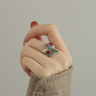 925纯银南红玛瑙树叶戒指女小众指环食指高级感简约尾戒小指装饰