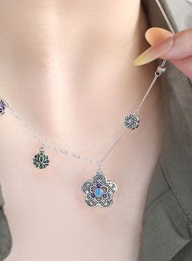 925银花朵项链女民族风锁骨链女轻奢高级感小众设计链子毛衣链