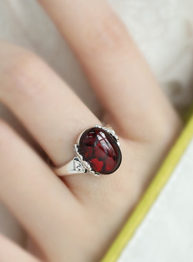 925银蛋面琥珀戒指女精致国风新中式小众设计指环饰品