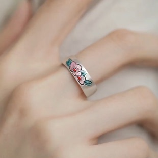 S999足银国风文艺复古烤蓝梅花开口戒指女纯银指环食指戒轻奢小众