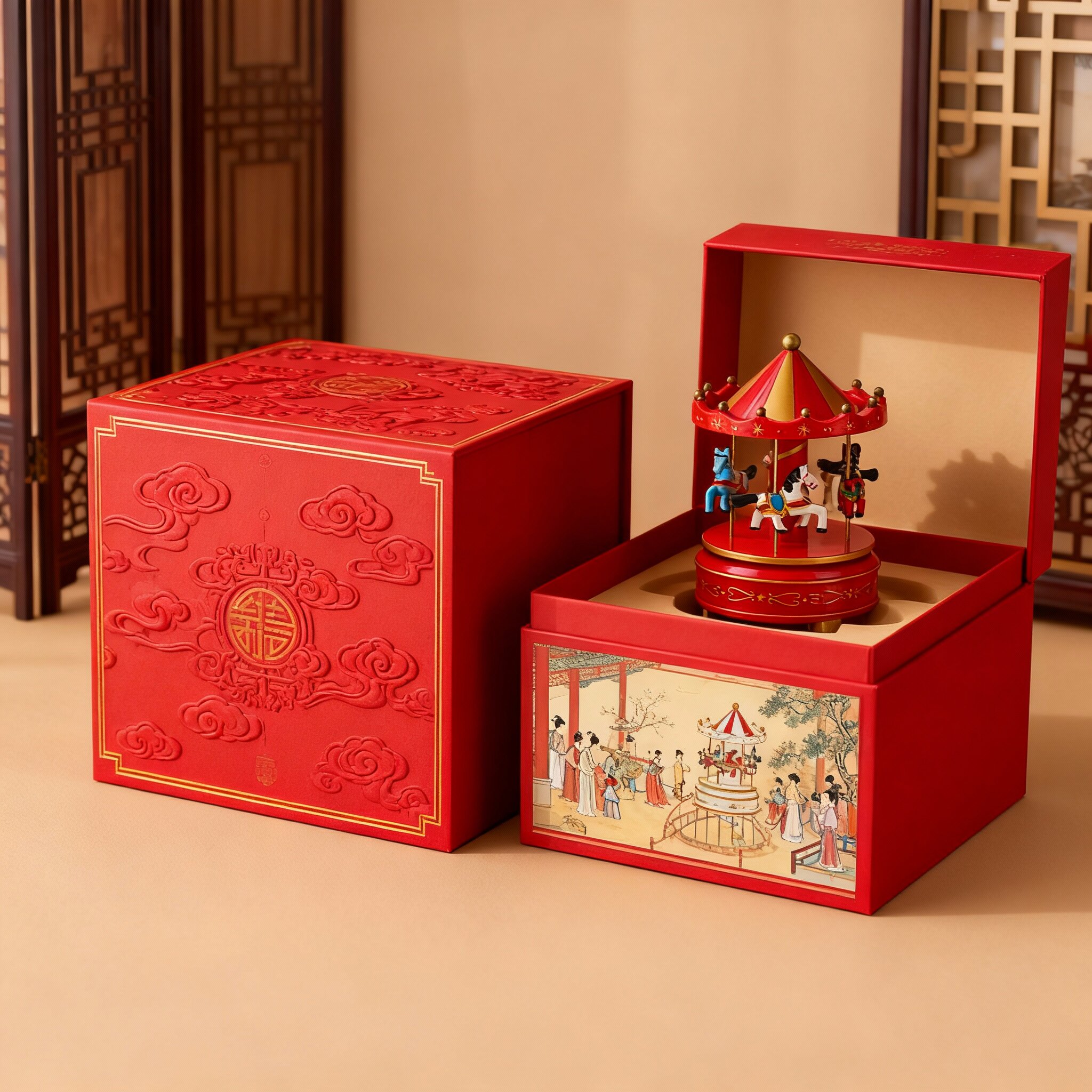 中式旋转木马音乐盒红色礼盒装桌面摆件结婚嫁妆箱,家居饰品,桌面摆件,淘宝优惠券,粉丝福利购,淘宝优惠卷
