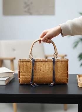 日式复古手工竹编收纳篮摆件