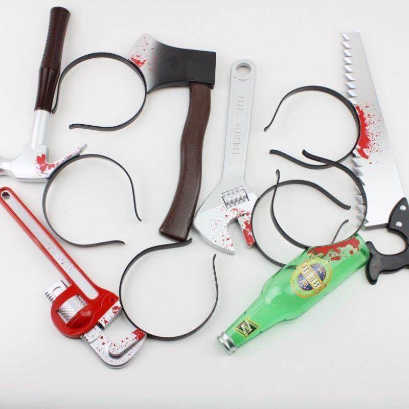 万圣节头箍整蛊搞怪恐怖表演仿真道具吓人穿头菜尖刀斧头扳手发箍