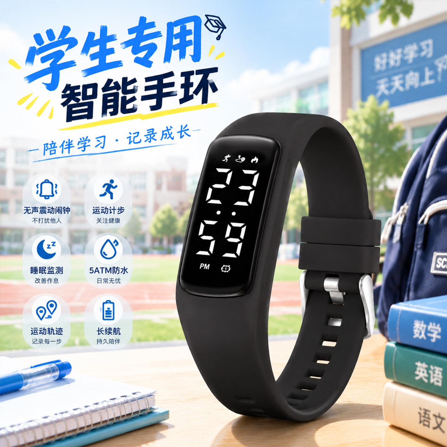 青少年运动手环手表男震动闹钟智能防水游泳初高中学生专用电子表