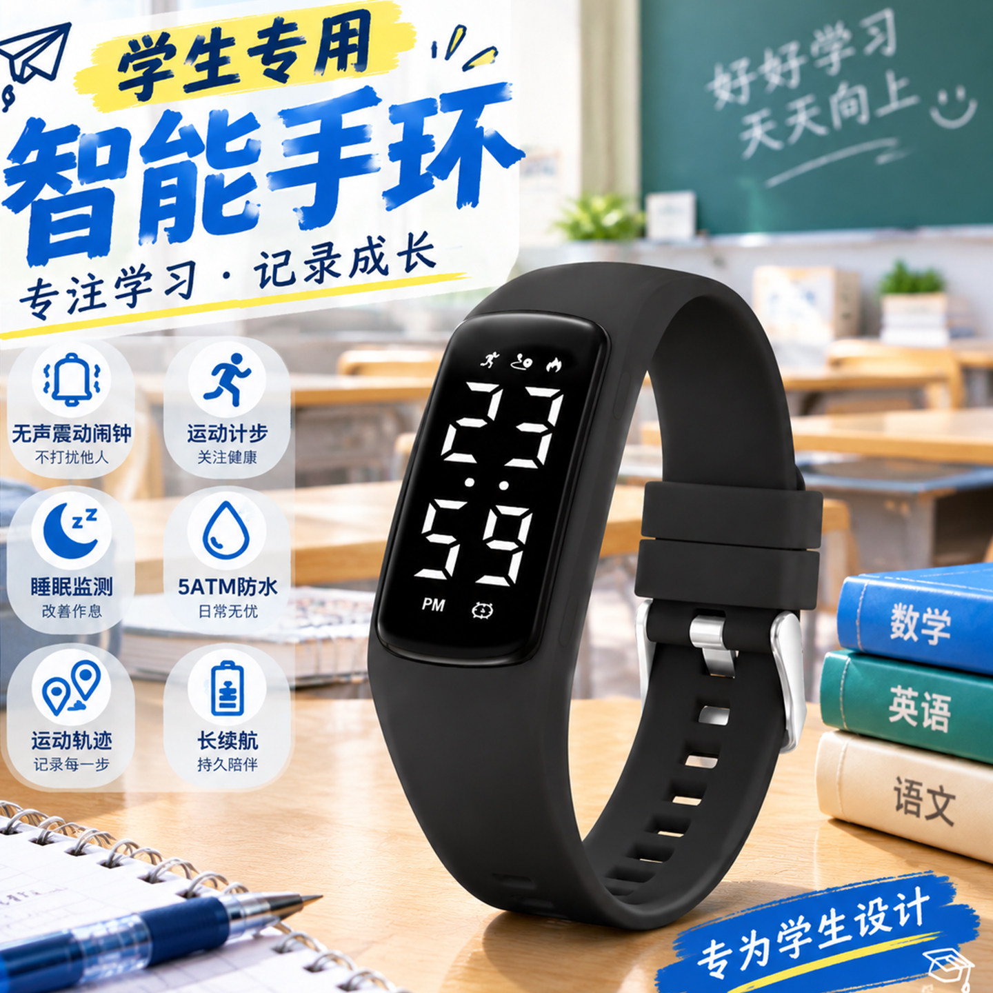 青少年智能运动手环男款震动闹钟防水游泳初高中学生专用电子手表