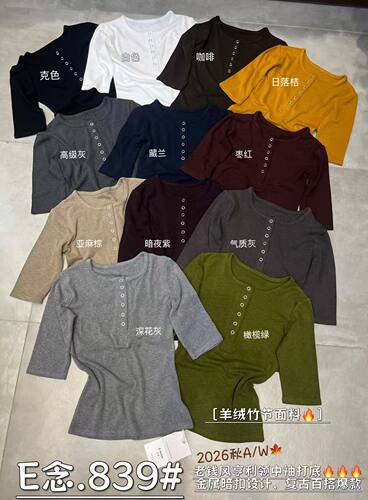 E念839韩系设计感亨利领暗扣中袖T恤女修身显瘦打底衫上衣潮2026
