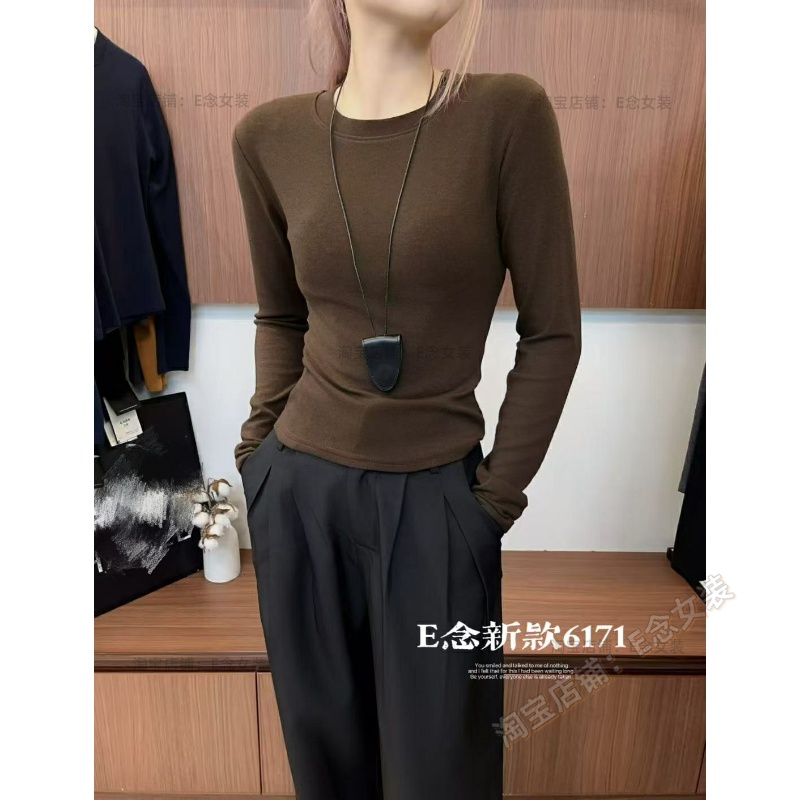 E念6171小圆领修身长袖打底衫女内搭秋季新款设计感字母t恤上衣女