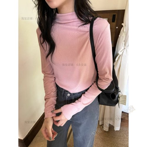 E念8001软糯羊绒棉面料半高领加绒长袖打底衫女韩版显瘦百搭上衣