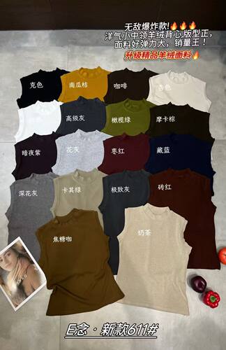 E念611早秋季新款羊绒棉半高领无袖背心女修身显瘦内搭打底衫上衣