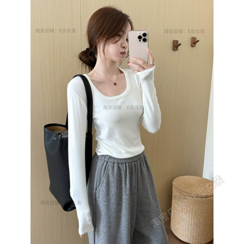 E念8027冬季新款U领加绒长袖打底衫纯色百搭显瘦内搭上衣女2025