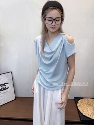 E念8706韩系百搭减龄荡领露肩休闲慵懒感时尚显瘦短袖T恤上衣女潮
