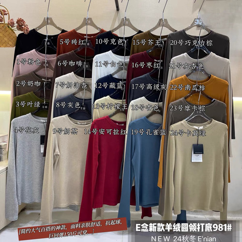 E念6152韩系秋季羊绒棉圆领纯色百搭显瘦长袖T恤上衣内搭打底衫女