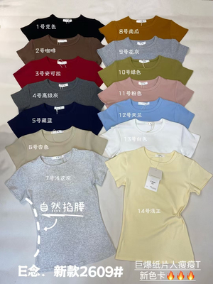E念8619夏季新款纸片人收腰显瘦圆领上衣甜辣短款百搭短袖T恤女