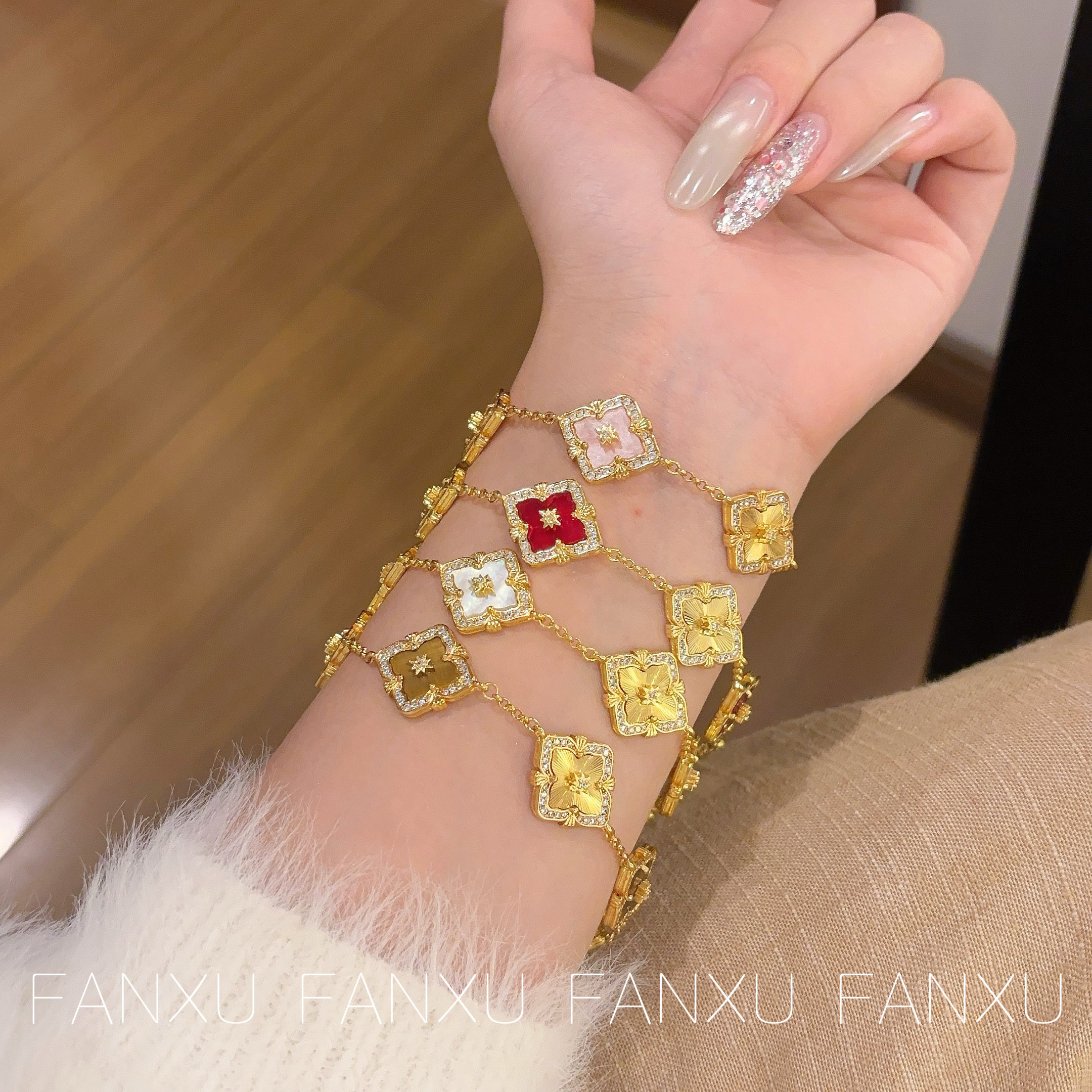 FANXU 布契拉丝手链意大利珐琅提花工艺菱形贝母五花手链